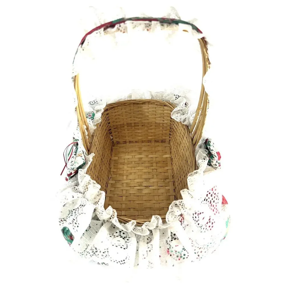 Vintage Handmade Quilted Christmas Basket Cotton & Lace 8x12x12”